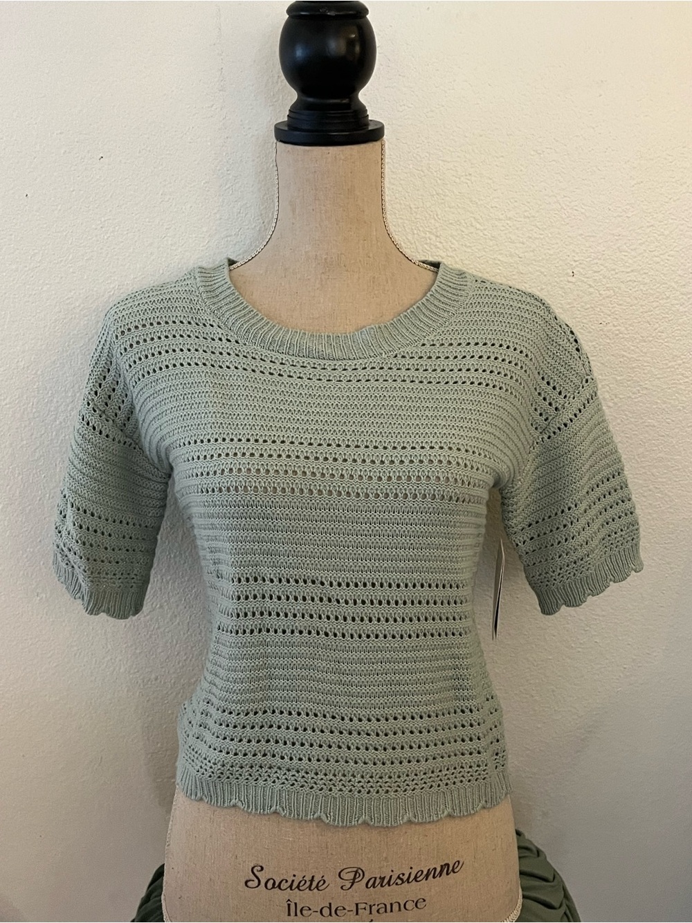 Pink Republic Light Sage Open-Knit Short Sleeve Sweater